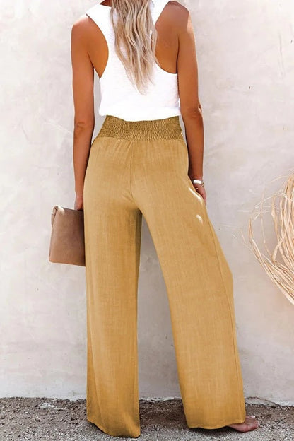 Effortless Wide Leg Pants for Women with High Waist Smocked Button Front Relaxed Style