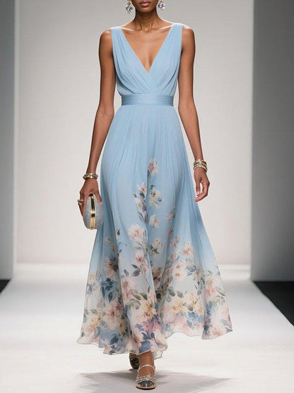 Elegant Floral Maxi Dress for Women with V Neck Sleeveless Wrap Waist Flowing Wedding Guest Style