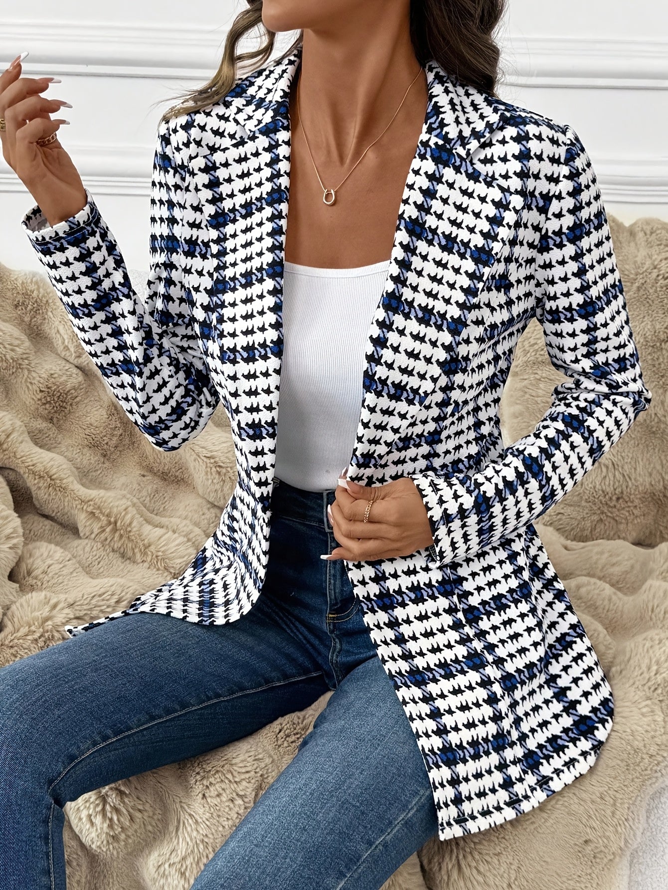 Elegant Plaid Blazer for Women, Versatile Everyday Long-Sleeve Blazer, Classic Plaid Commuter Blazer, Autumn Women's Blazer, Plaid Blazer, Houndstooth Blazer