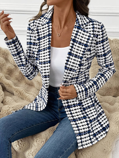 Elegant Plaid Blazer for Women, Versatile Everyday Long-Sleeve Blazer, Classic Plaid Commuter Blazer, Autumn Women's Blazer, Plaid Blazer, Houndstooth Blazer