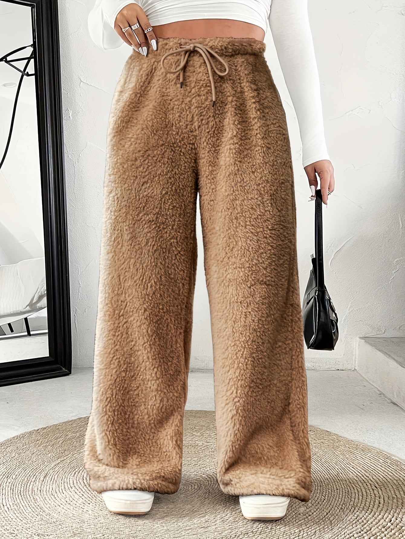 Plus Size -Adult Plus Size Clothing Autumn Winter Casual Reversible Plush Thick Warm Waistband Drawstring Loose Drape Wide Leg Pants
