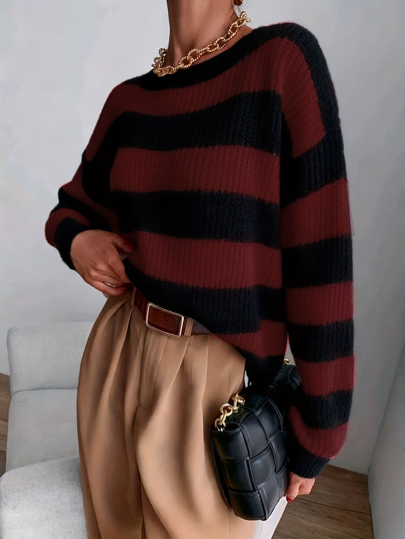 Comfortable Striped Sweater for Women with Crew Neck Long Sleeve Relaxed Oversized Knit Style