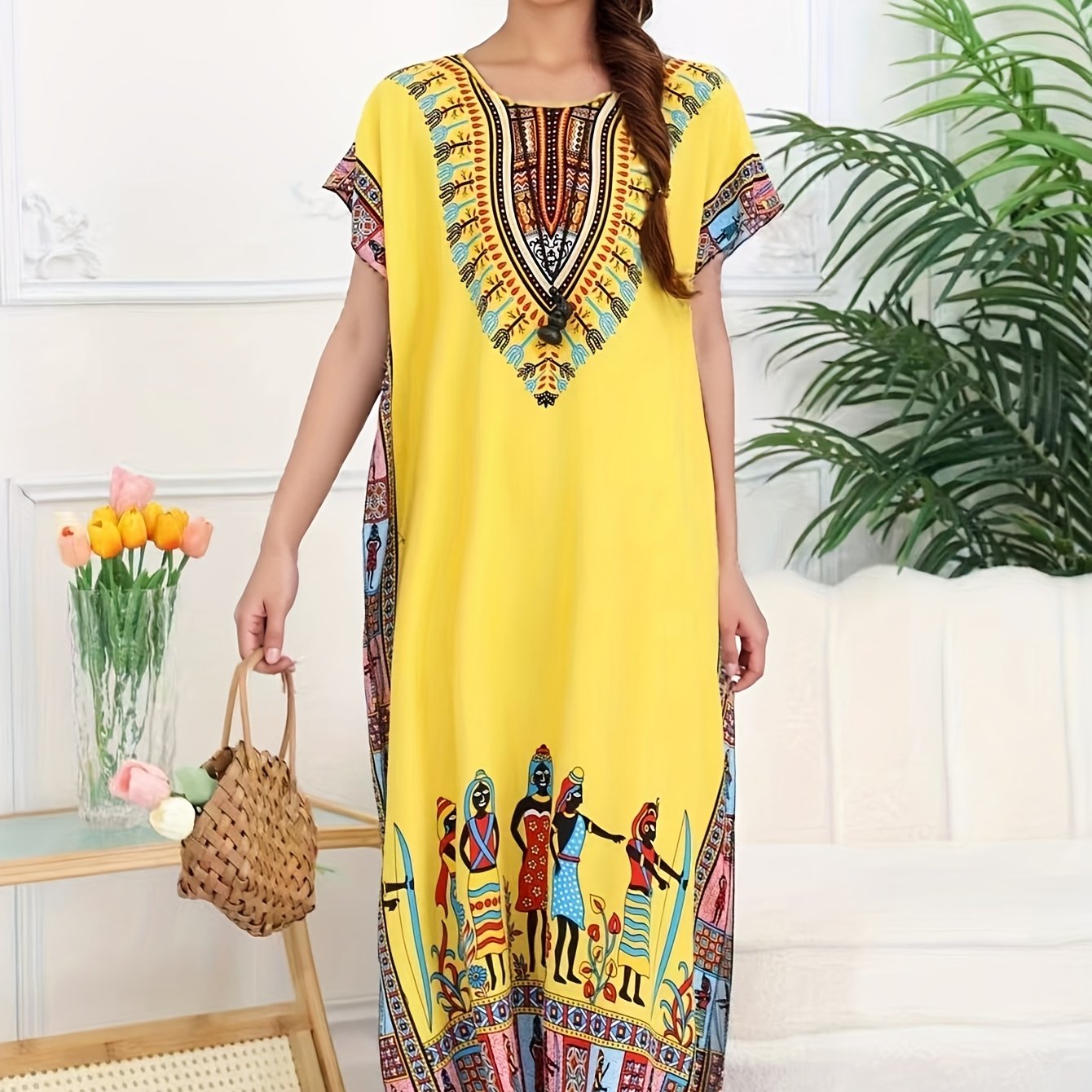 Effortless Tribal Print Kaftan Dress for Women with V Neck Short Sleeve Flowing Bohemian Style