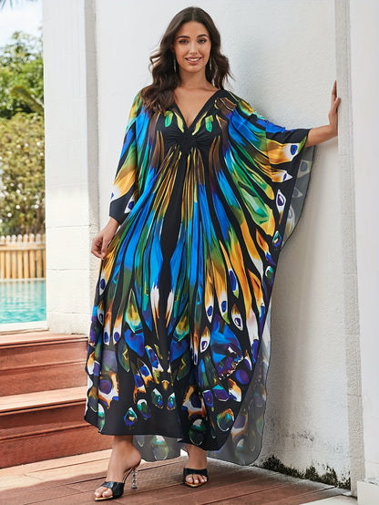 Elegant Multicolor Peacock Print Kaftan Maxi Dress for Women with V Neck Batwing Sleeve Flowing Style