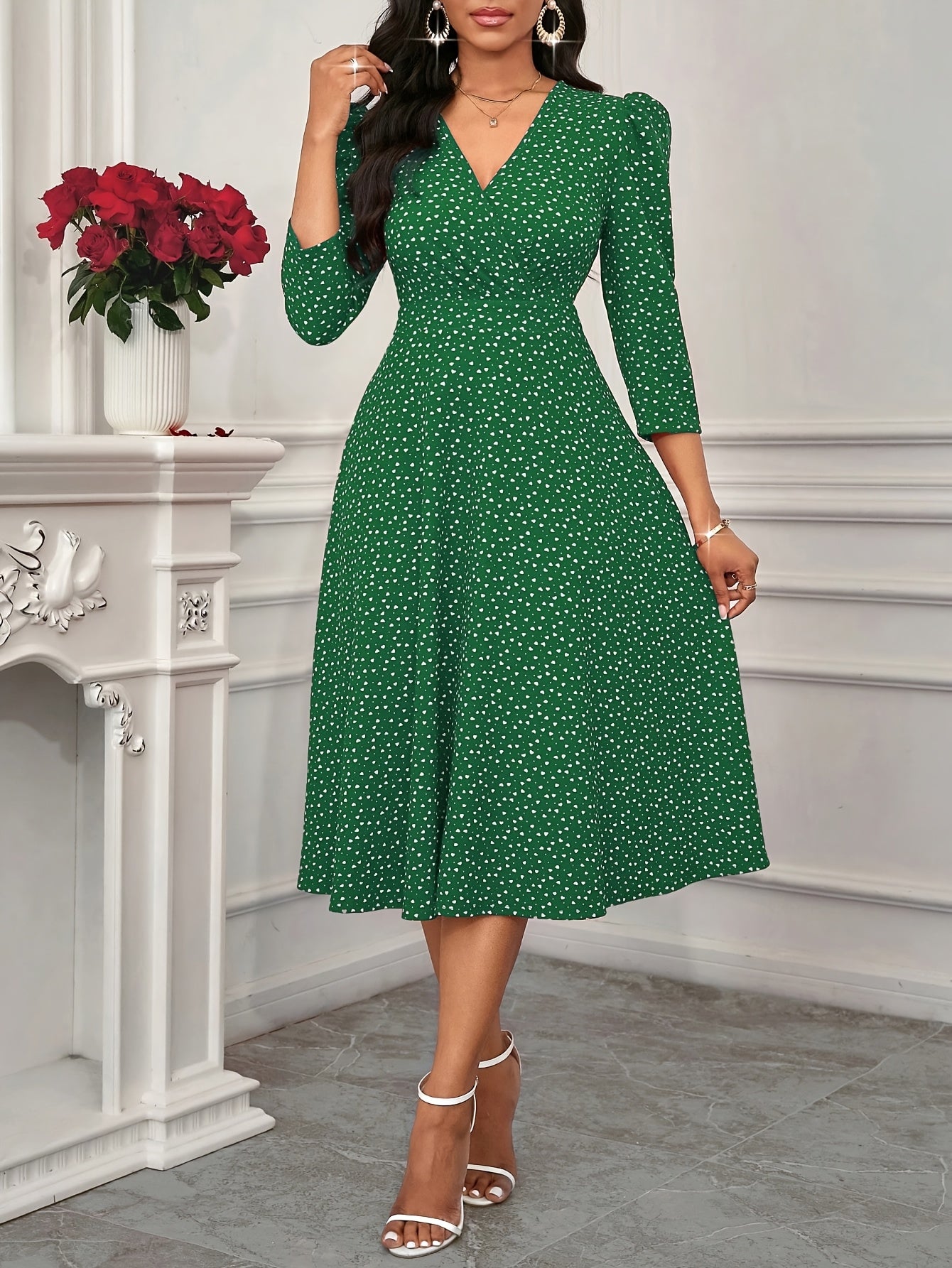 Elegant Green Polka Dot Midi Dress for Women with V Neck Elbow Sleeve Fit and Flare Wedding Guest Style