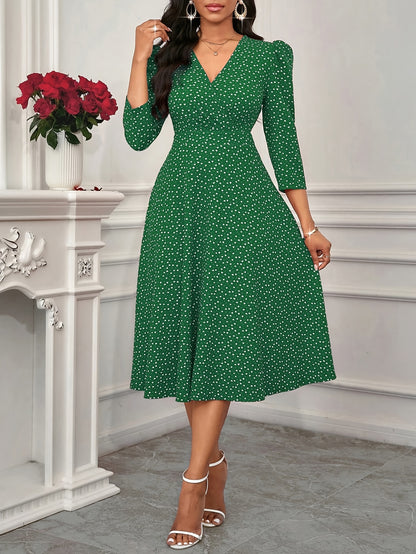 Elegant Green Polka Dot Midi Dress for Women with V Neck Elbow Sleeve Fit and Flare Wedding Guest Style