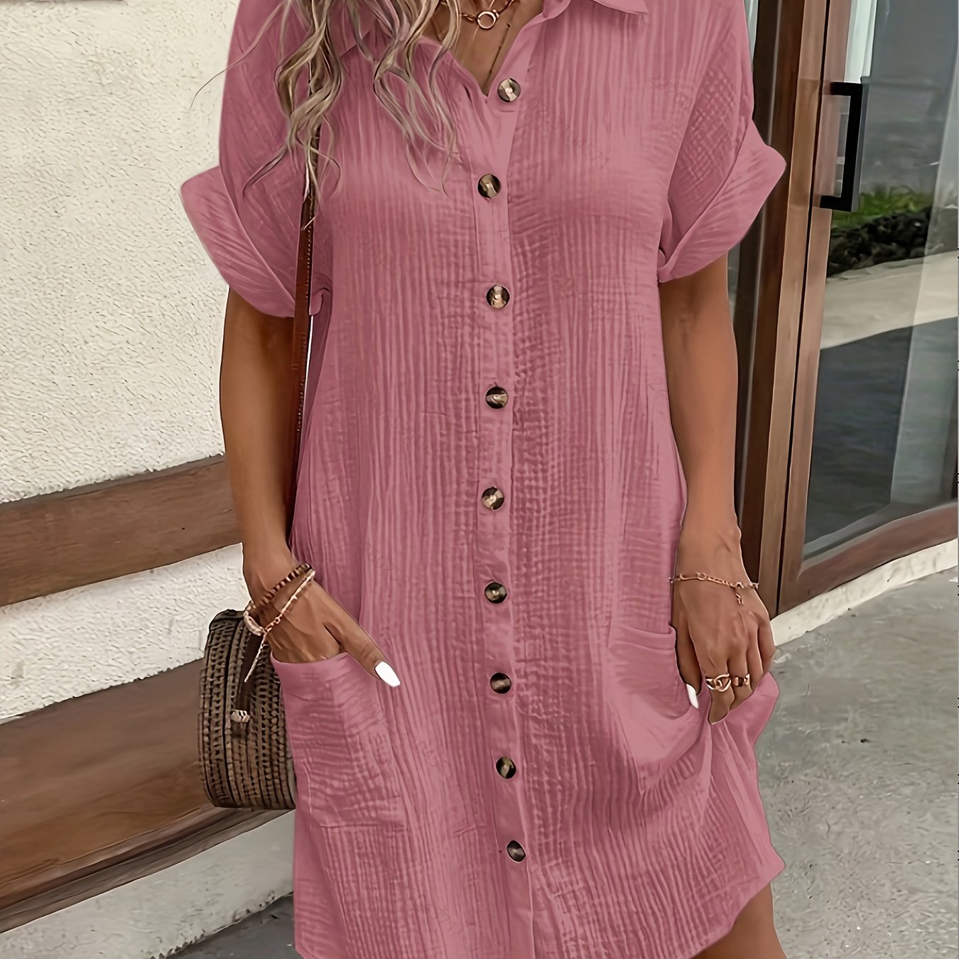 Effortless Cotton Gauze Shirt Dress for Women with Collar Short Sleeve Button Front Relaxed Style