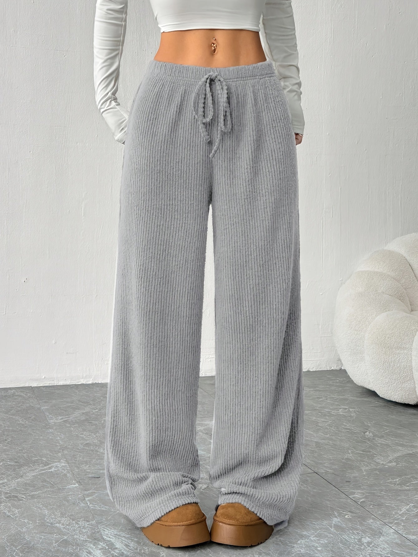 Effortless Ribbed Knit Wide Leg Pants for Women with High Waist Drawstring Relaxed Casual Style