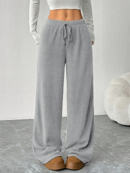 Effortless Ribbed Knit Wide Leg Pants for Women with High Waist Drawstring Relaxed Casual Style