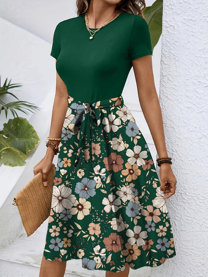 Elegant Key Monitoring Support European And American Round Neck Short-Sleeved with Belt Dress Number