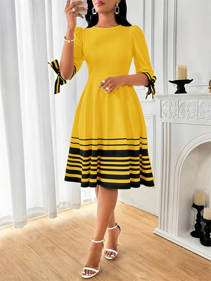 Summer Elegant Orienteering Style Floral Print Round Neck Bubble Short Sleeve Bow Women'S A-Line Dress