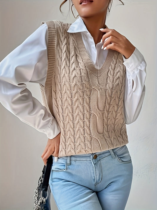 Comfortable Cable Knit Sweater Vest for Women with V Neck Sleeveless Relaxed Oversized Knit Style