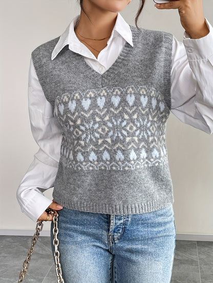 Elegant Grey Fair Isle Sweater Vest for Women with V Neck Sleeveless Cropped Oversized Knit Style