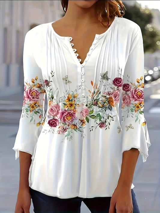 Elegant White Floral Blouse for Women with V Neck Bell Sleeve Button Front Flowing Style