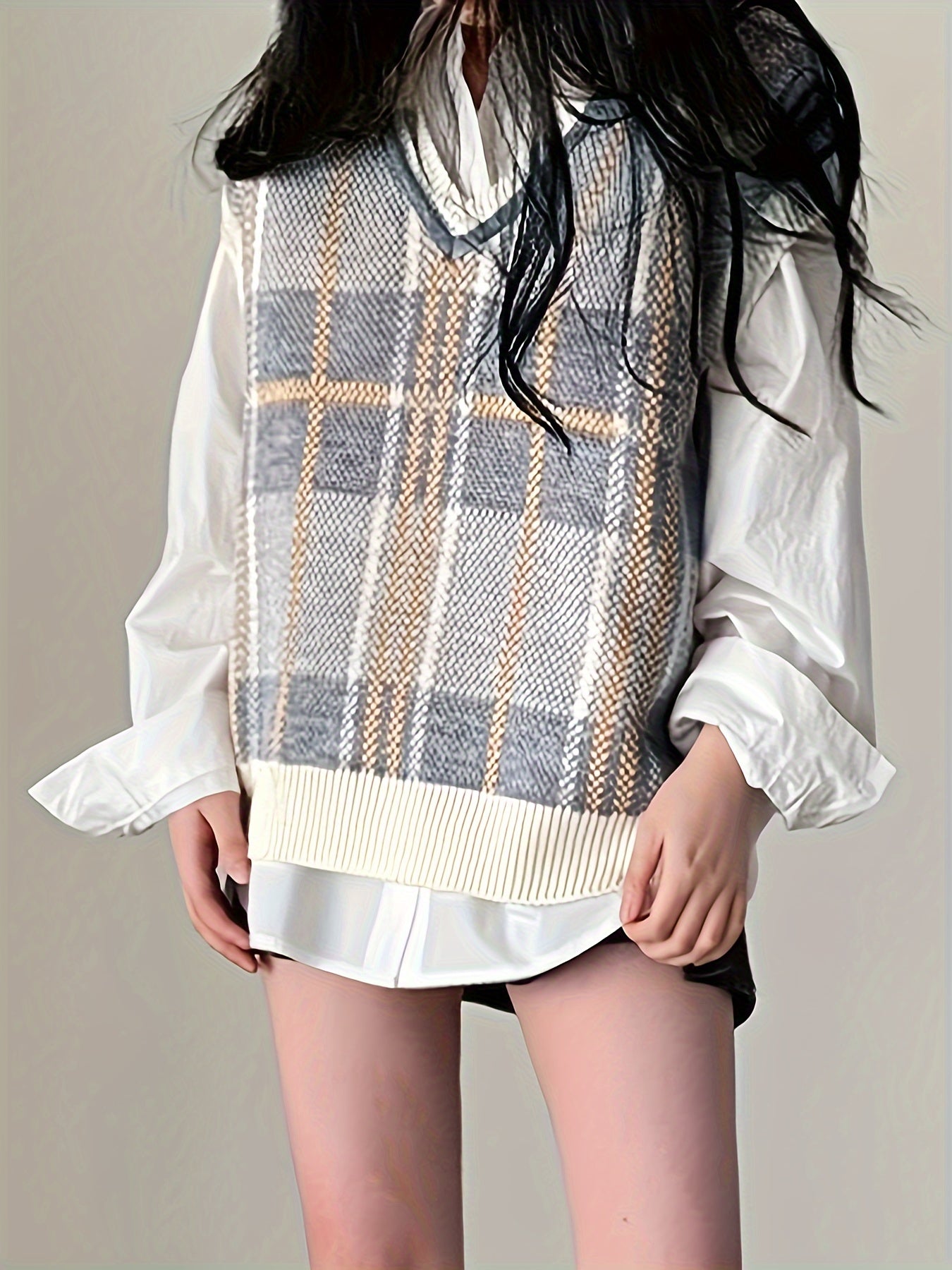 Comfortable Plaid Sweater Vest for Women with V Neck Sleeveless Ribbed Trim Oversized Knit Style