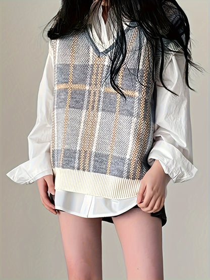 Comfortable Plaid Sweater Vest for Women with V Neck Sleeveless Ribbed Trim Oversized Knit Style