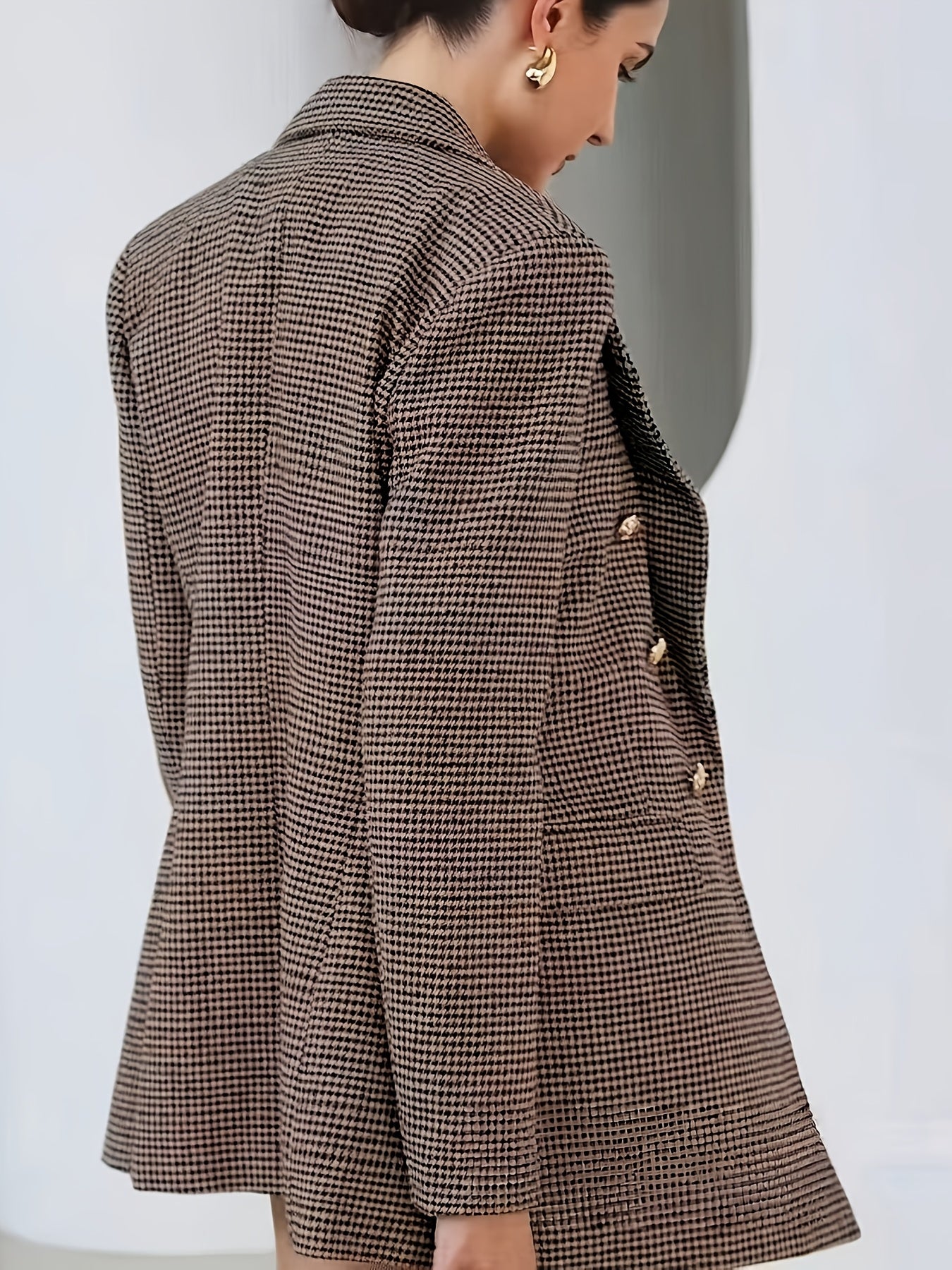 Elegant Coffee Brown Houndstooth Three Piece Set for Women with Notch Lapel Double Breasted Blazer Vest Shorts Formal Style