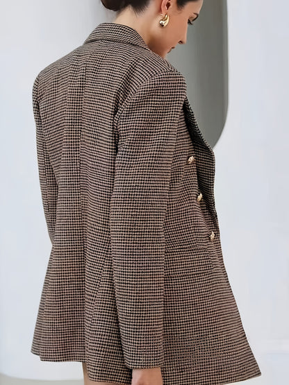 Elegant Coffee Brown Houndstooth Three Piece Set for Women with Notch Lapel Double Breasted Blazer Vest Shorts Formal Style