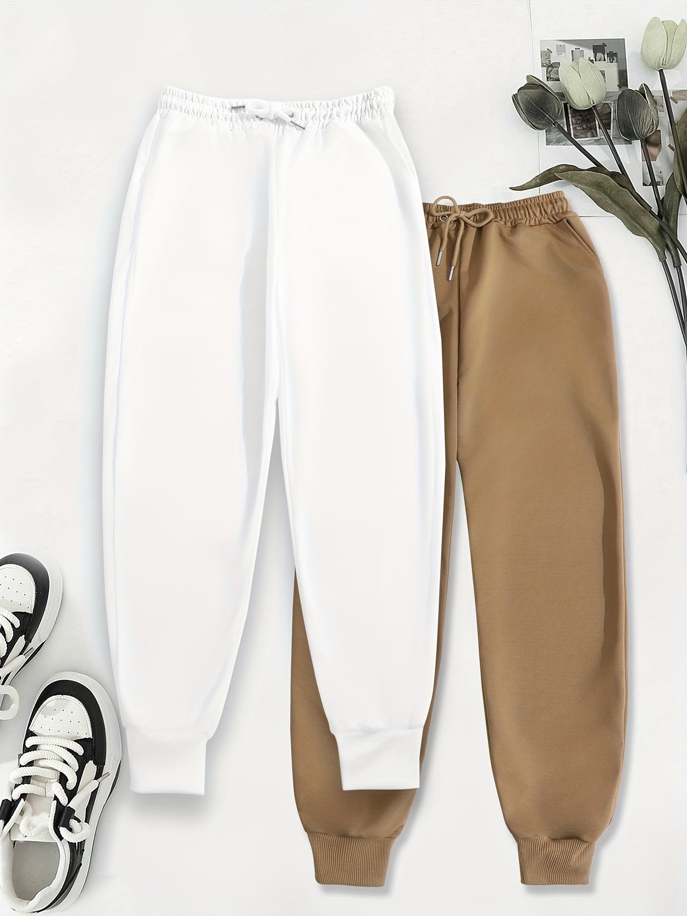 2pcs Women's Casual Jogging Pants - Soft and Comfortable Drawstring Waistband Sport Pants
