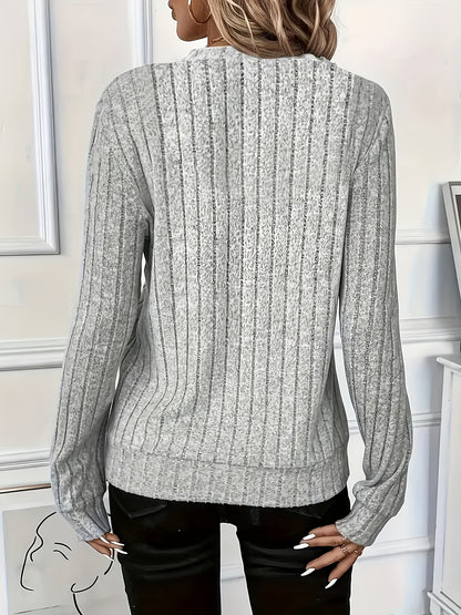 Fashionable And Elegant Casual Autumn And Winter New Arrivals, Solid Color Ribbed Comfortable And Breathable Round Neck Zip-Up Women'S Pullover Sweatshirt