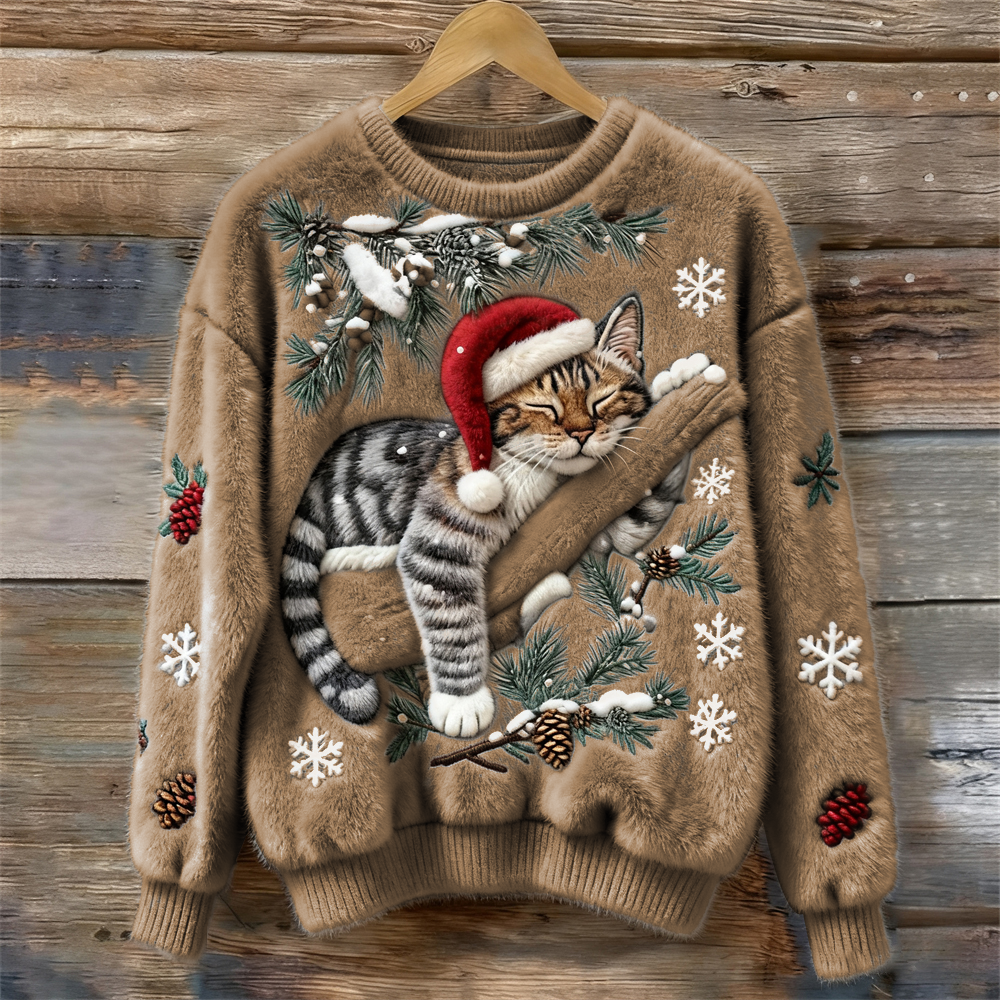 Comfortable Cat Print Sweater for Women with Crew Neck Long Sleeve Embroidered Snowflake Oversized Knit Style