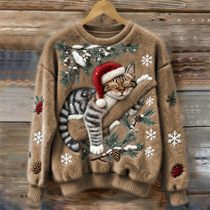 Comfortable Cat Print Sweater for Women with Crew Neck Long Sleeve Embroidered Snowflake Oversized Knit Style