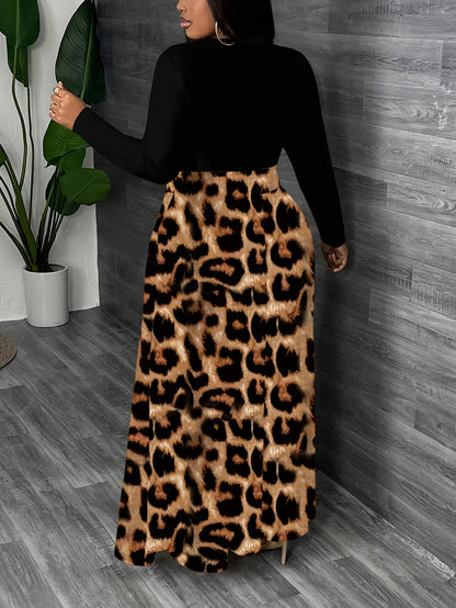Plus Size, Fashionable Floral Embellished Round Neck Long Sleeve Color-Block Elegant Maxi Dress