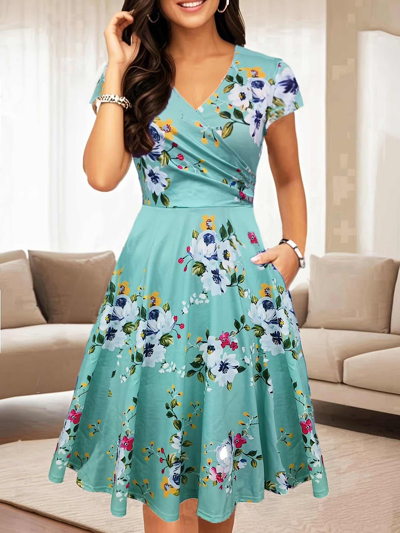 Western Foreign Trade Cross-Border Women'S V-Neck Vintage Ladies Casual Elegant Temperament Flared Knee-Length Pocket Dress