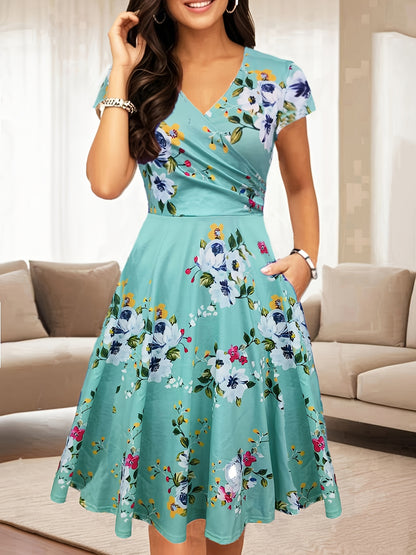 Western Foreign Trade Cross-Border Women'S V-Neck Vintage Ladies Casual Elegant Temperament Flared Knee-Length Pocket Dress