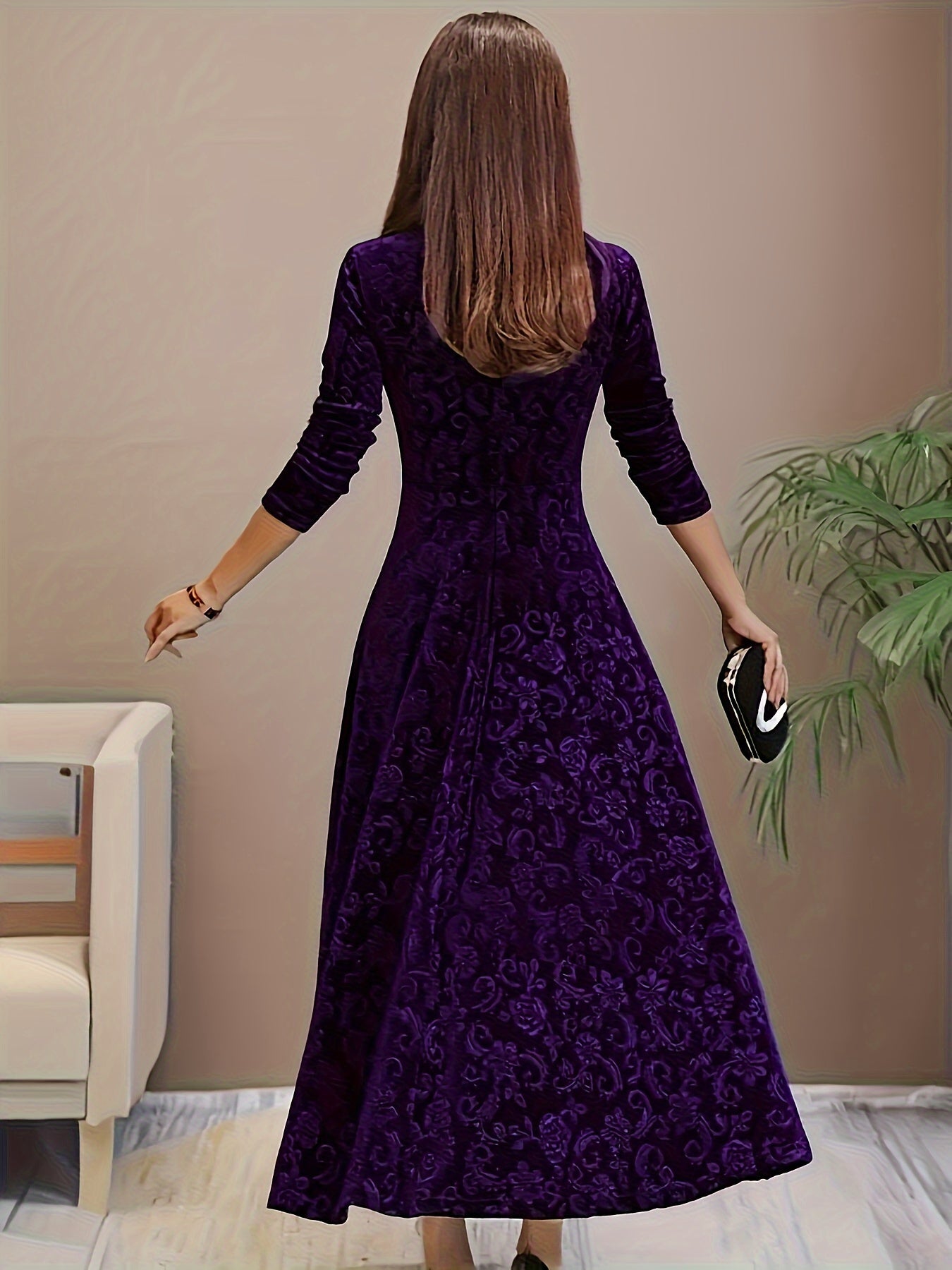 Elegant Velvet Floral Maxi Dress for Women with Square Neck Elbow Sleeve A Line Flowing Style