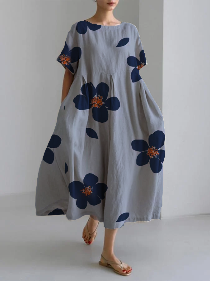 Effortless Blue Floral Maxi Dress for Women with Round Neck Short Sleeve Oversized Pocket Flowing Bohemian Style