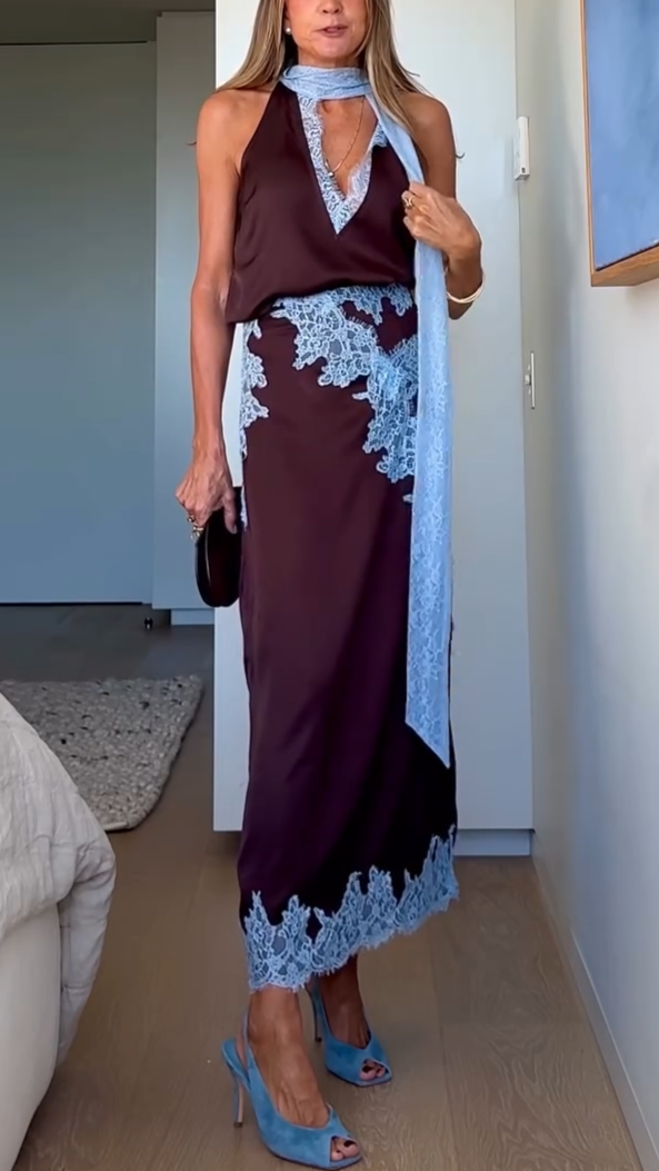 Elegant Brown Satin Maxi Dress for Women with Halter Neck Sleeveless Lace Applique Flowing Style