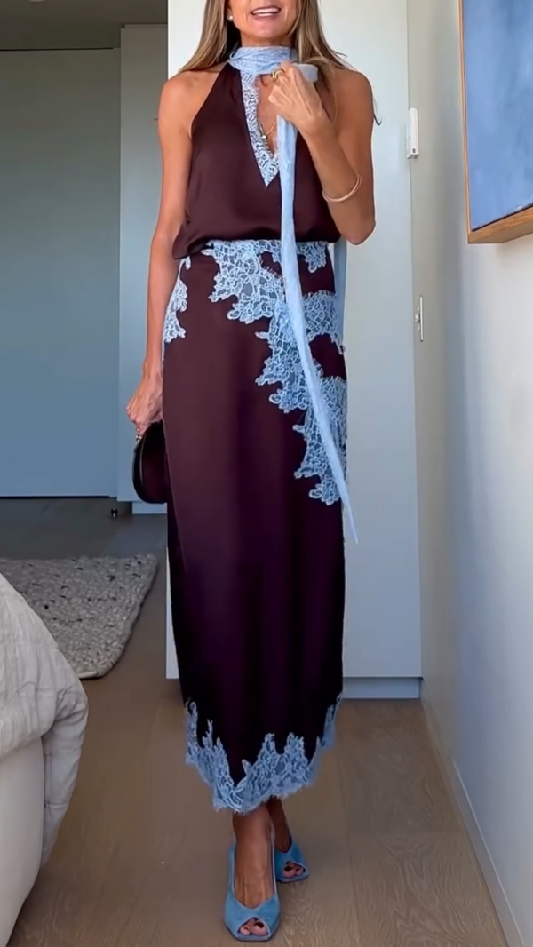 Elegant Brown Satin Maxi Dress for Women with Halter Neck Sleeveless Lace Applique Flowing Style