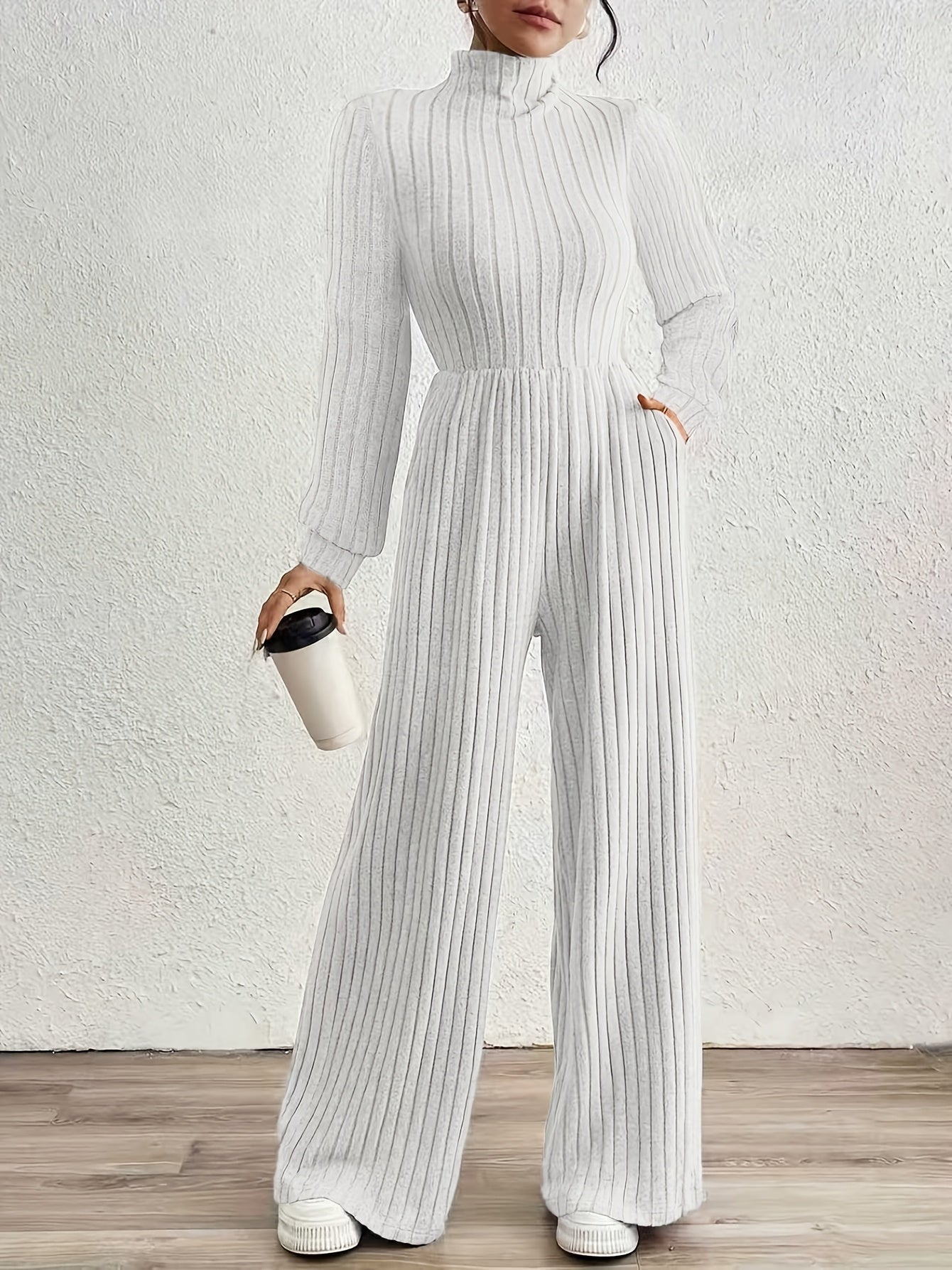Comfortable Ribbed Knit Wide Leg Jumpsuit for Women with High Neck Long Sleeve Relaxed Pocket Style