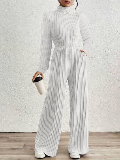 Comfortable Ribbed Knit Wide Leg Jumpsuit for Women with High Neck Long Sleeve Relaxed Pocket Style