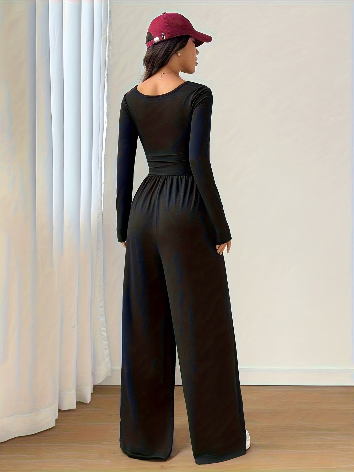 Women's Classic Casual Solid Color Square Neck Long Sleeve Jumpsuit
