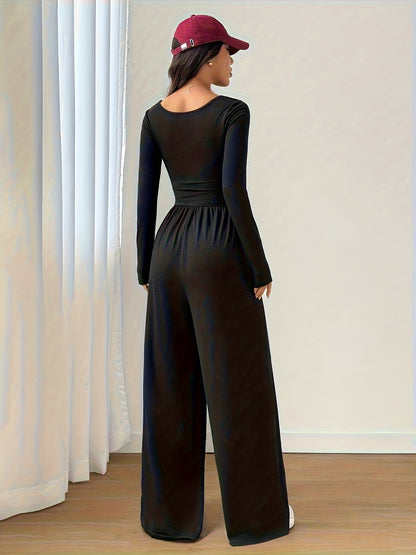 Women's Classic Casual Solid Color Square Neck Long Sleeve Jumpsuit