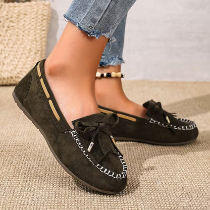 Comfortable House Shoes for Women with Fringe Bow Suede Moccasin Slip On Style