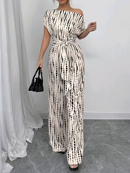 Elegant Apricot Printed Jumpsuit for Women with One Shoulder Short Sleeve Tie Waist Wide Leg Flowing Style