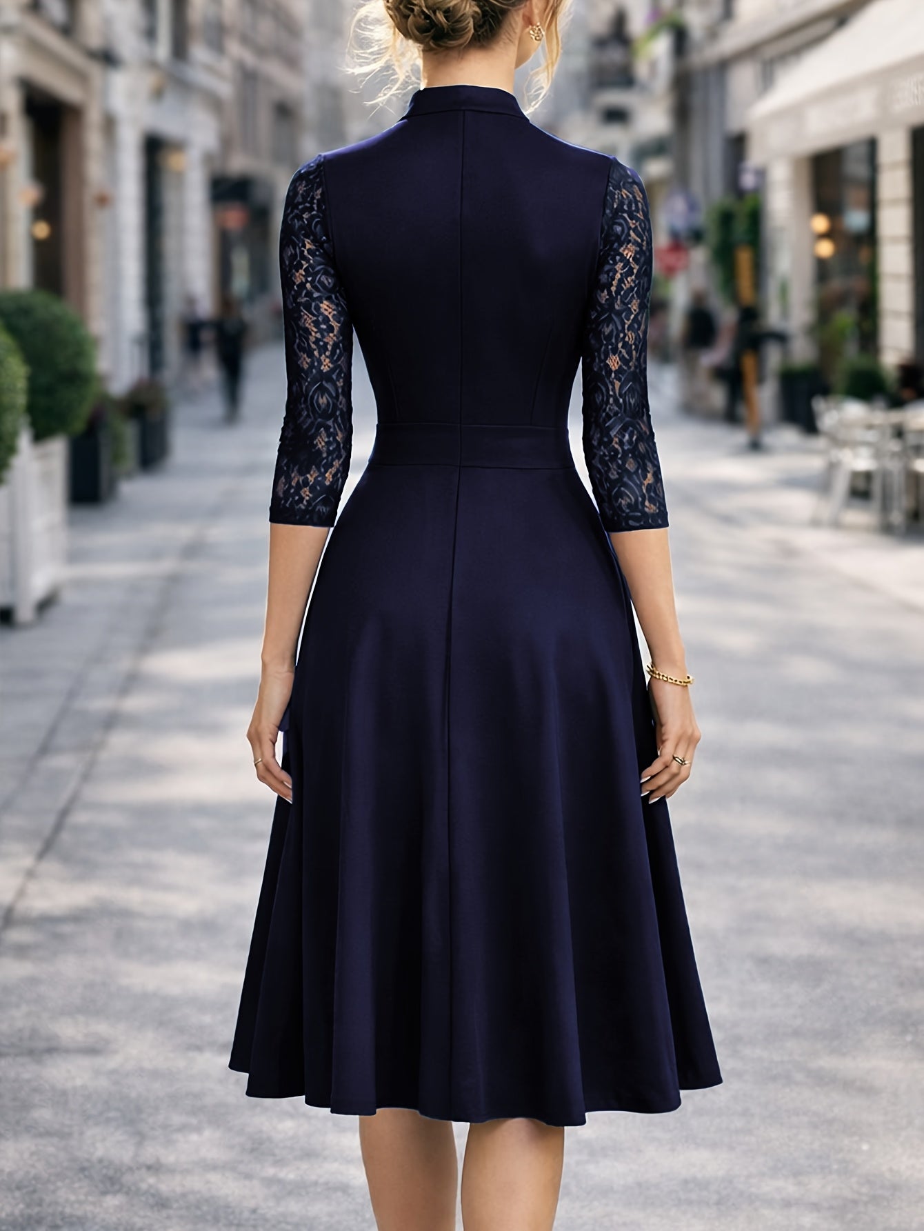 Elegant Lace Trim Midi Dress for Women with Notch Neck Three Quarter Sleeve Fit and Flare Cocktail Style