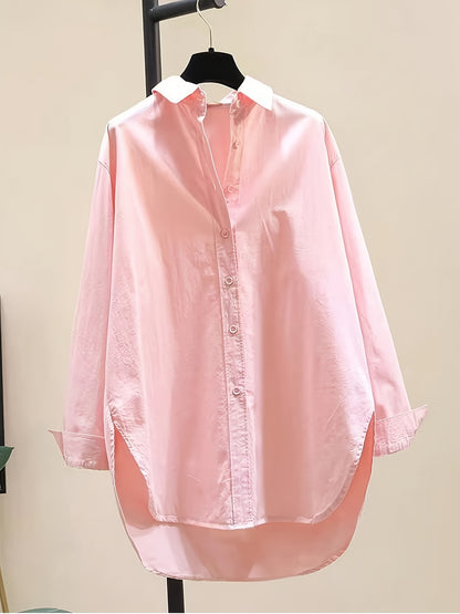 Effortless Cotton Blouse for Women with Point Collar Long Sleeve High Low Oversized Style