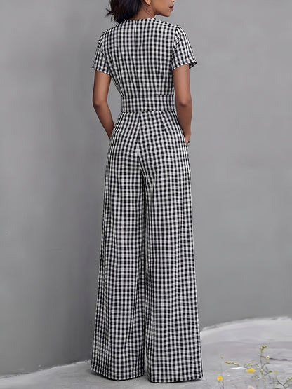 2026 Spring Summer New Plaid V-Neck Short Sleeve Jumpsuit Women'S High-Waist Wide-Leg Straight Long Pants, Women'S Commute Casual Two-Wear Jumpsuit, High-Waist Waist-Cinching Design with Flowing Wide-Leg Trousers