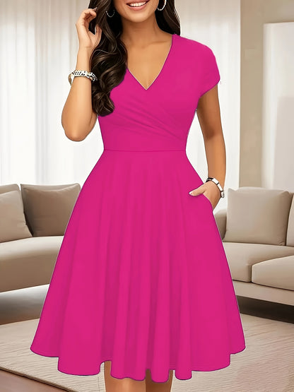 -Border Women'S Dress, Solid V-Neck Pocket A-Line Elegant