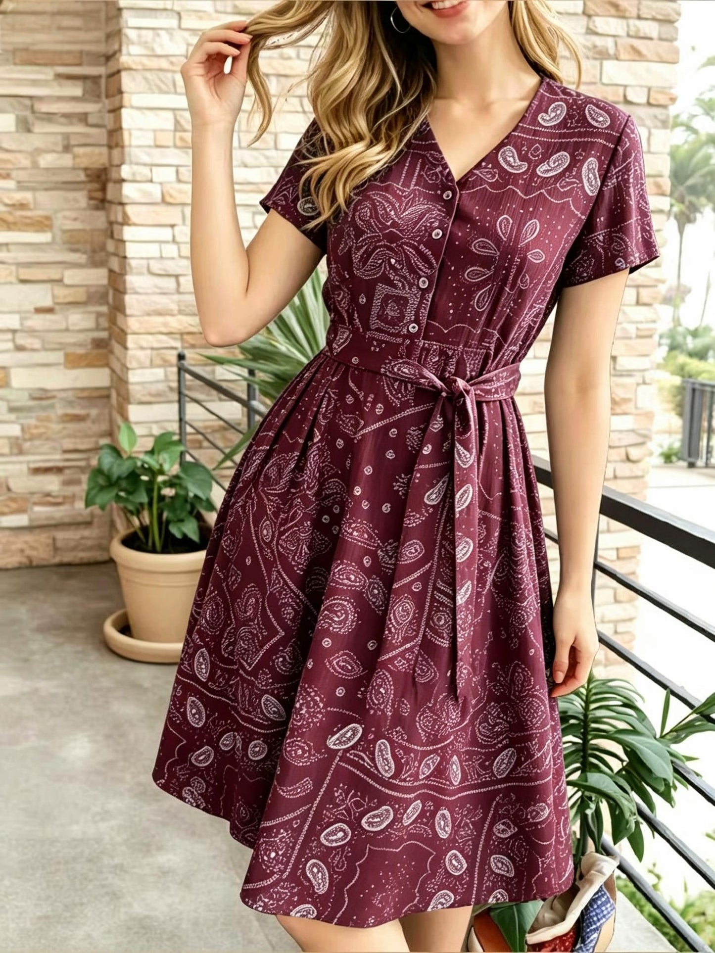 Women's Vintage Blue Print Midi Dress, V-Neck Button Shirt Dress with Pockets & Belt, Casual Commute Vacation Wear for Ladies