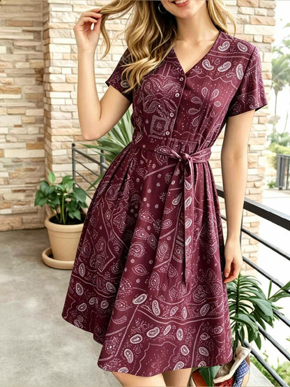 Women's Vintage Blue Print Midi Dress, V-Neck Button Shirt Dress with Pockets & Belt, Casual Commute Vacation Wear for Ladies