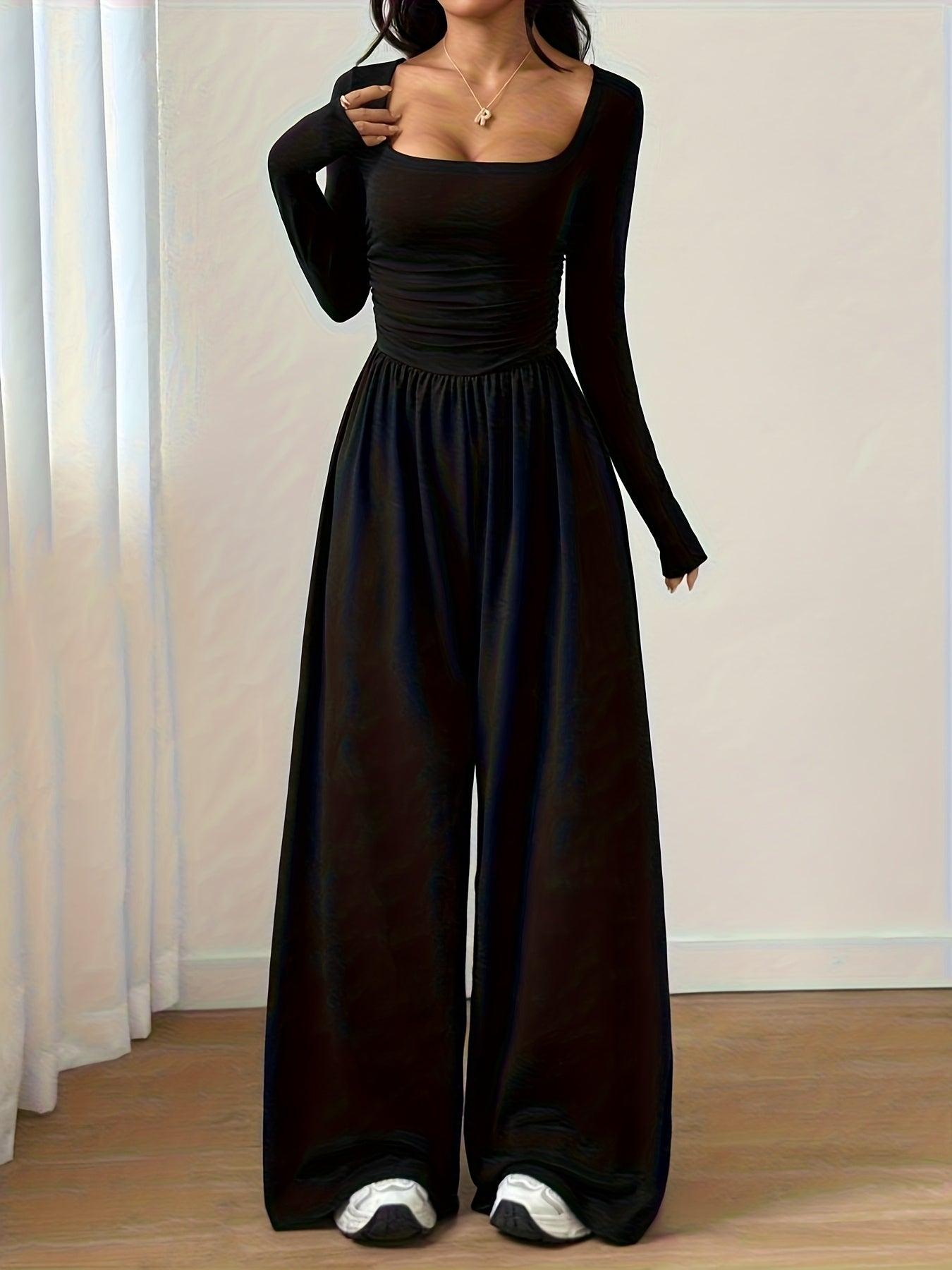 Women's Classic Casual Solid Color Square Neck Long Sleeve Jumpsuit