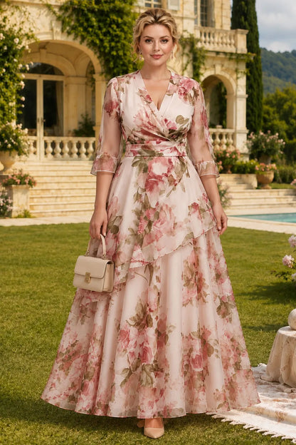 Elegant Pink Floral Maxi Dress for Women with V Neck Bell Sleeve Wrap Tiered Ruffle Wedding Guest Style