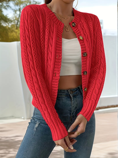 Comfortable Cable Knit Cardigan Sweater for Women with Crew Neck Long Sleeve Button Front Cropped Casual Style