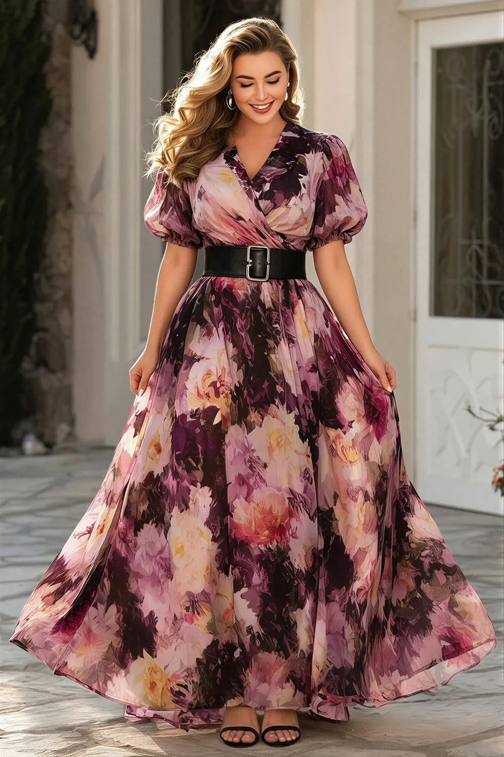 Elegant Purple Floral Maxi Dress for Women with V Neck Puff Sleeve Belted Wrap Flowing Wedding Guest Style