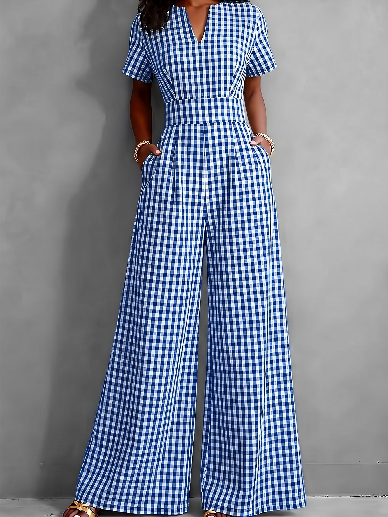 2026 Spring Summer New Plaid V-Neck Short Sleeve Jumpsuit Women'S High-Waist Wide-Leg Straight Long Pants, Women'S Commute Casual Two-Wear Jumpsuit, High-Waist Waist-Cinching Design with Flowing Wide-Leg Trousers